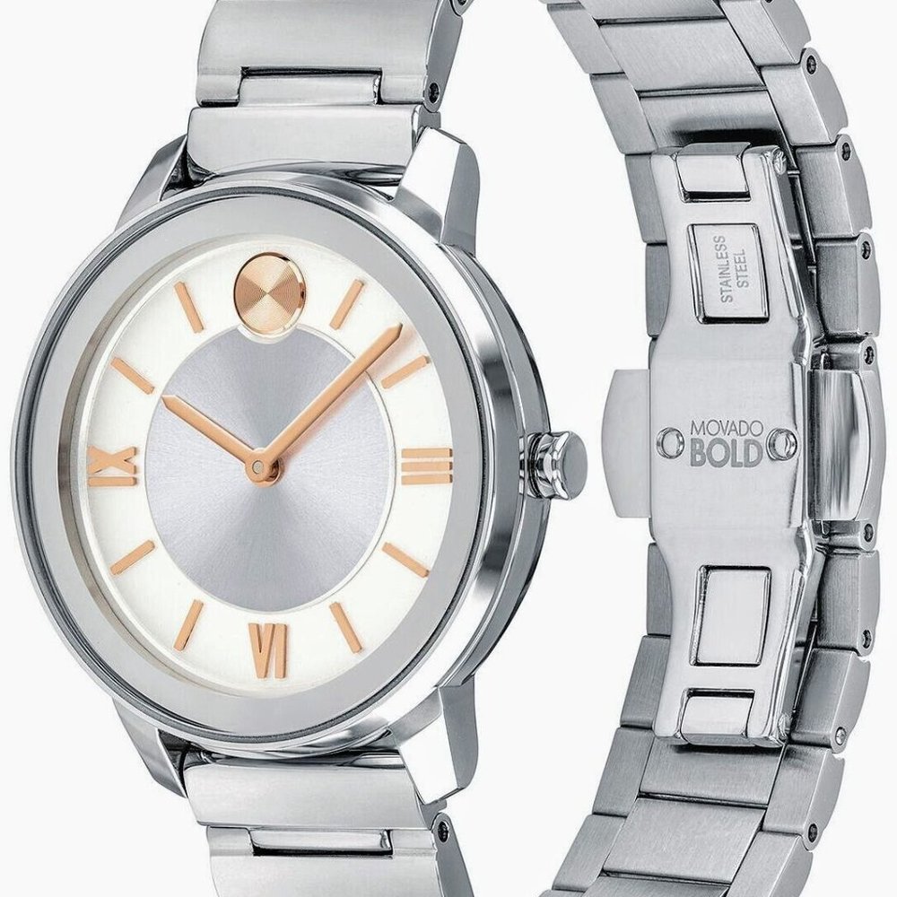 Movado Bold Women’s Silver Rose Gold Dial Silver Bracelet Watch 3600590 - Picture 5 of 5